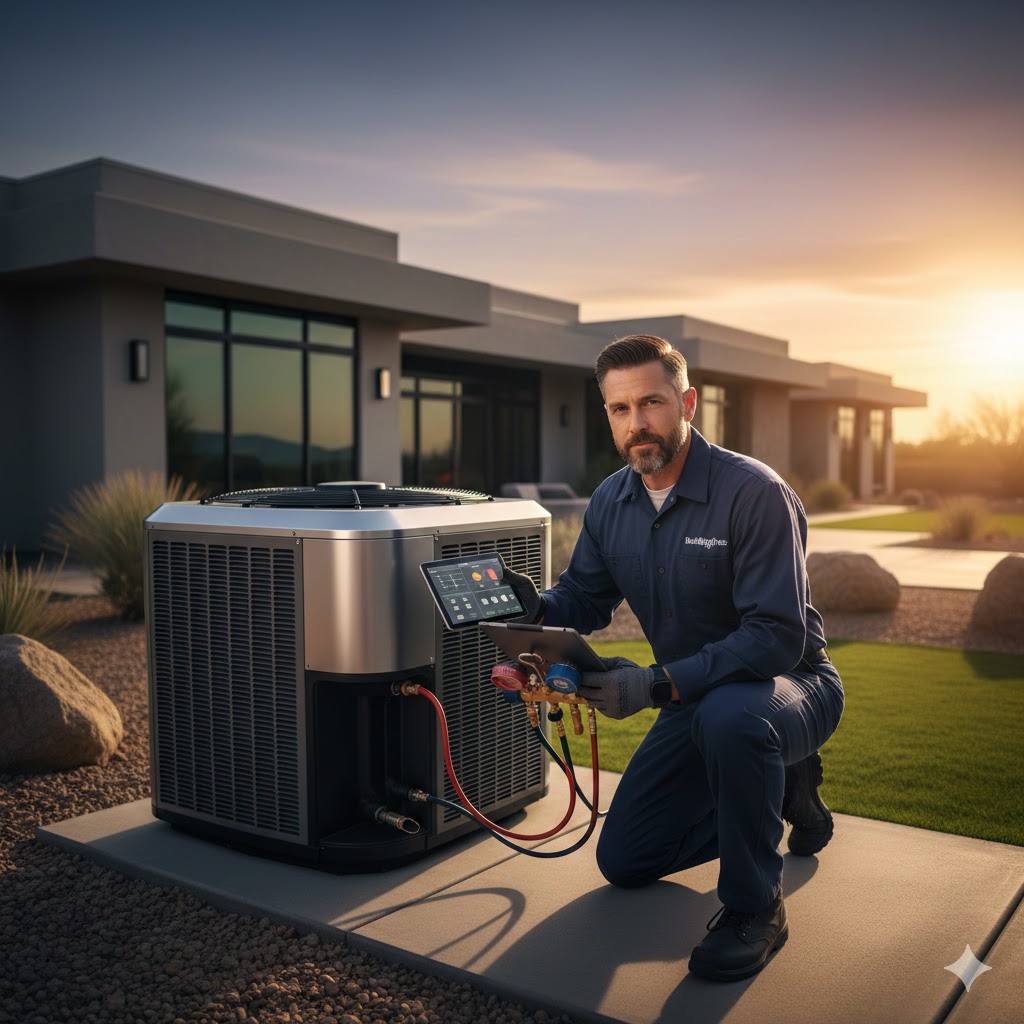 HVAC technician fixing AC unit